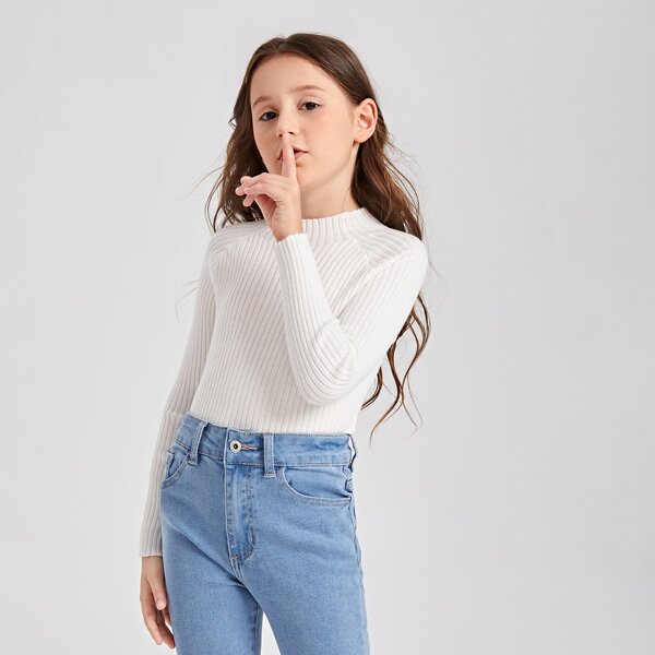 

Girls Solid Stand Collar Sweater, White