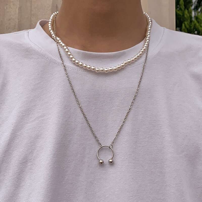

Guys 2pcs Faux Pearl Beaded Necklace, Silver