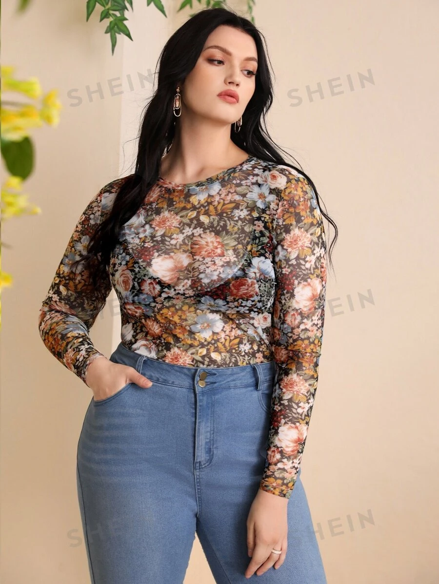 SHEIN Privé Top con estampado floral de malla - Multicolor - Ver 1