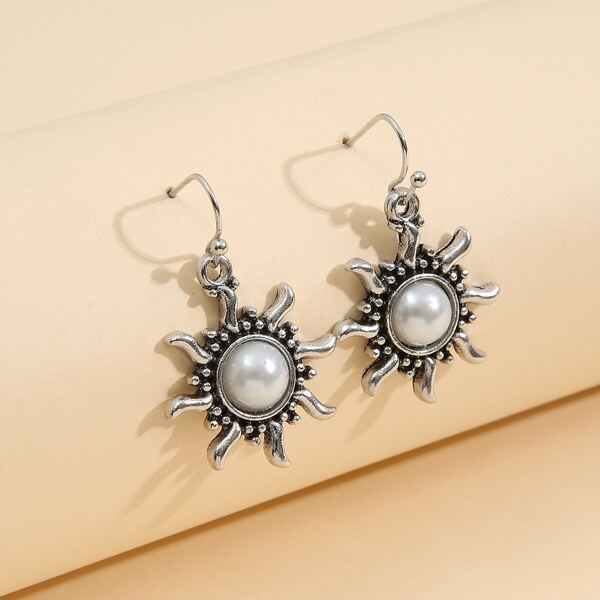 

Faux Pearl Decor Sun Drop Earrings, Silver
