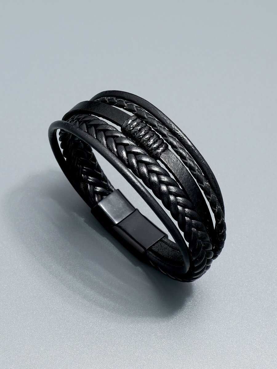 時尚流行男士PU分層手鍊，適合珠寶禮物和時尚外觀 - 黑色 - 查看 1