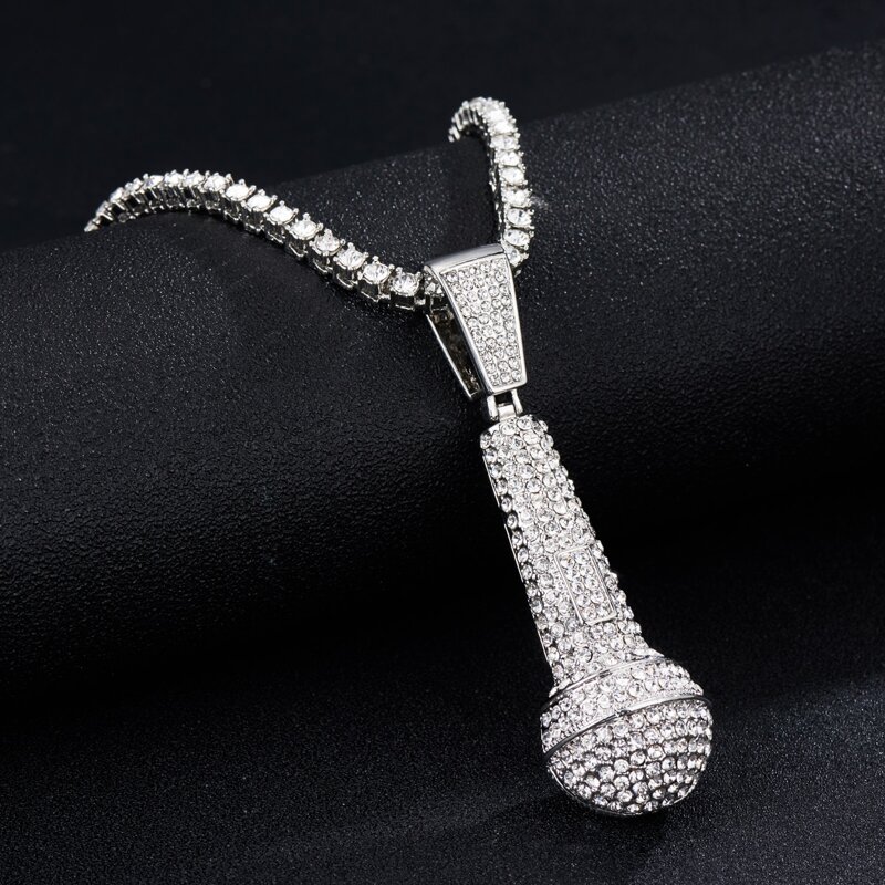 

Guys Rhinestone Microphone Charm Necklace, Silver