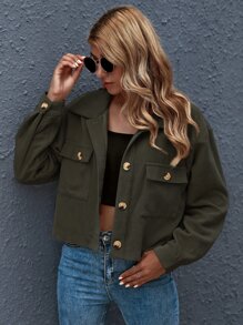 SHEIN Essnce Button Front Patch Pocket Crop Jacket - Army Green - View 1