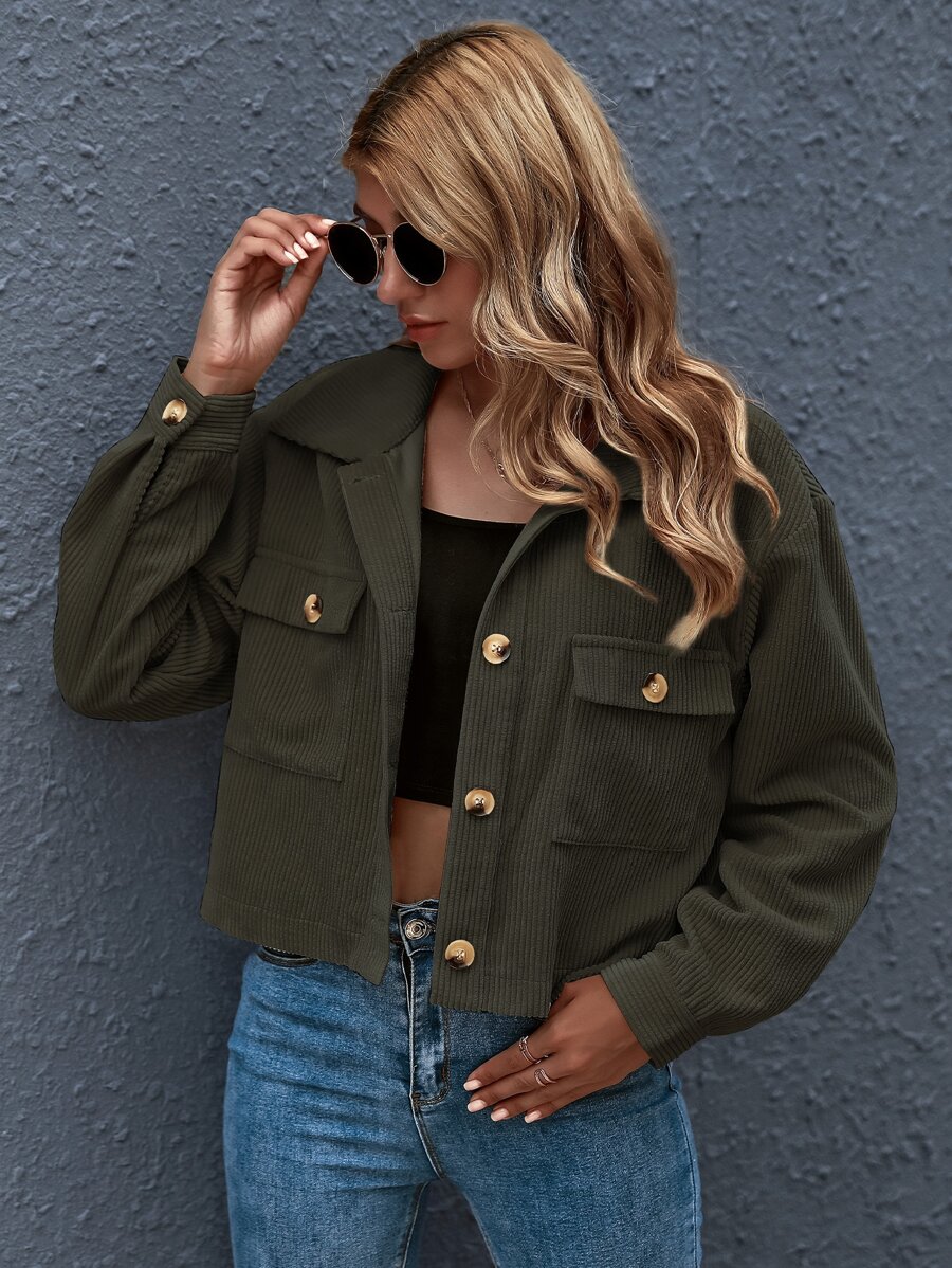 SHEIN Essnce Button Front Patch Pocket Crop Jacket - Army Green - View 1