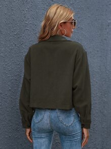 SHEIN Essnce Button Front Patch Pocket Crop Jacket - Army Green - View 2
