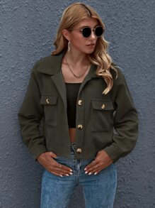 SHEIN Essnce Button Front Patch Pocket Crop Jacket - Army Green - View 3