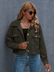 SHEIN Essnce Button Front Patch Pocket Crop Jacket - Army Green - View 4