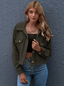 SHEIN Essnce Button Front Patch Pocket Crop Jacket - Army Green - View 6