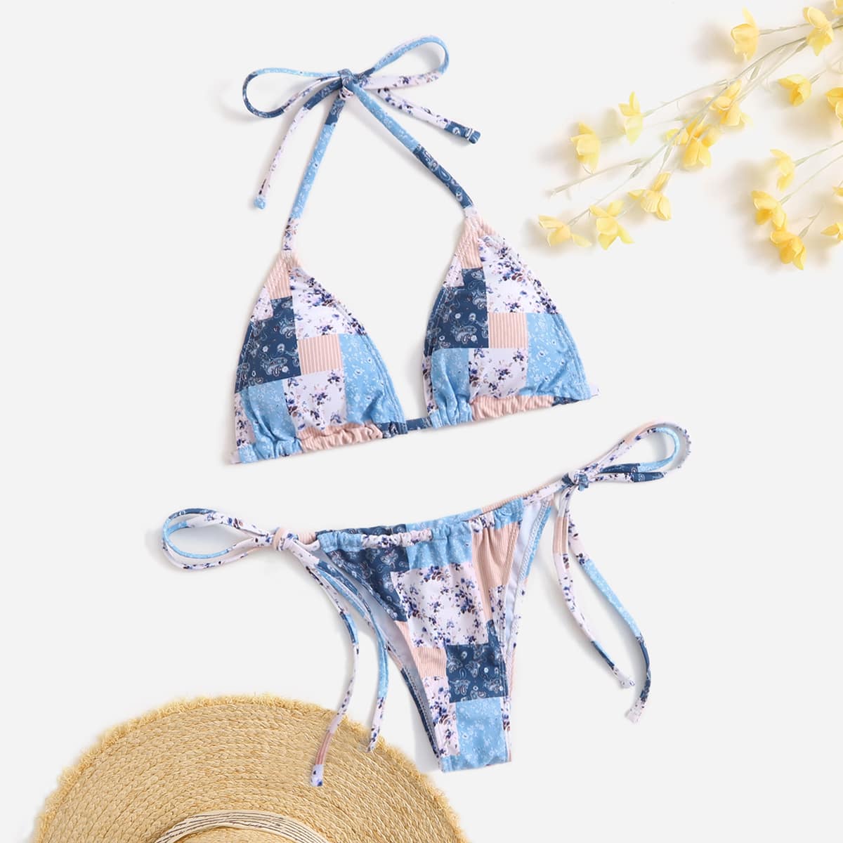 

Patchwork Halter Triangle Bikini Swimsuit, Multicolor