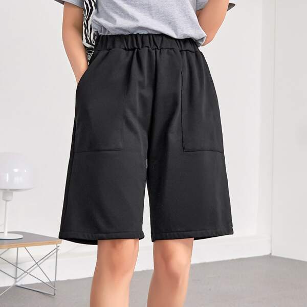 

Elastic Waist Slant Pocket Wide Leg Shorts, Black