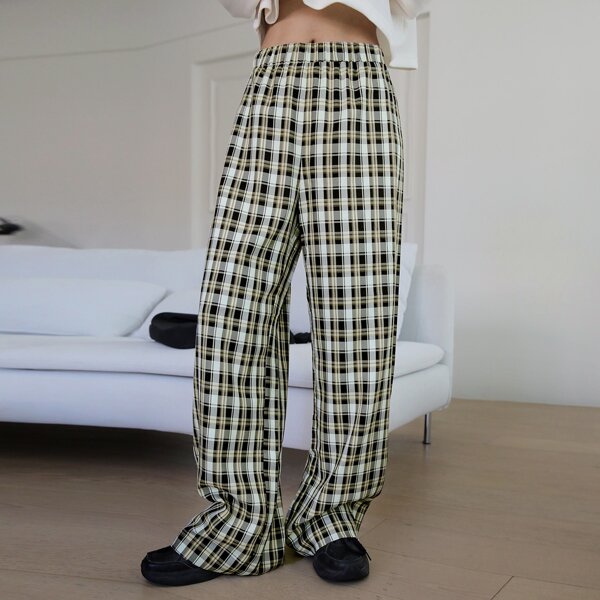 

Tartan Elastic Waist Wide Leg Pants, Multicolor