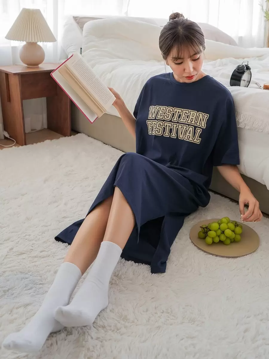 DAZY Letter Graphic Drop Shoulder Lounge Dress Pajama - Navy Blue - View 1