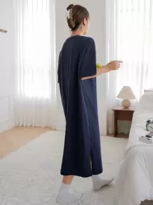 DAZY Letter Graphic Drop Shoulder Lounge Dress Pajama - Navy Blue - View 2