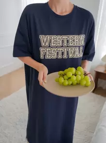 DAZY Letter Graphic Drop Shoulder Lounge Dress Pajama - Navy Blue - View 3