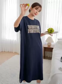 DAZY Letter Graphic Drop Shoulder Lounge Dress Pajama - Navy Blue - View 4