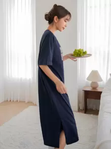 DAZY Letter Graphic Drop Shoulder Lounge Dress Pajama - Navy Blue - View 5