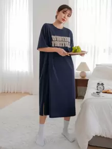 DAZY Letter Graphic Drop Shoulder Lounge Dress Pajama - Navy Blue - View 6
