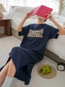 DAZY Letter Graphic Drop Shoulder Lounge Dress Pajama - Navy Blue - View 8