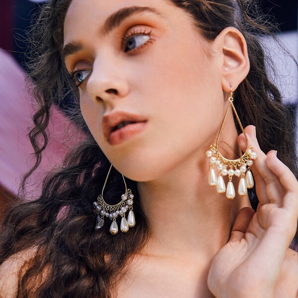 

Faux Pearl Drop Earrings, Gold