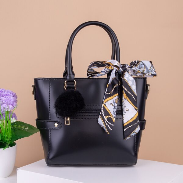 

Scarf Bow & Pom-Pom Decor Satchel Bag, Black