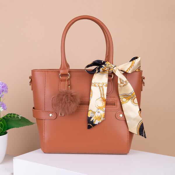 

Scarf Bow & Pom-Pom Decor Satchel Bag, Brown