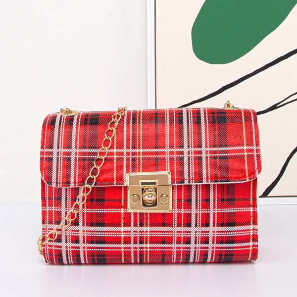

Plaid Pattern Twist Lock Chain Crossbody Bag, Red