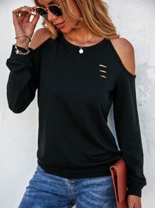 SHEIN LUNE Sudadera unicolor de hombros descubiertos - Negro - Ver 1