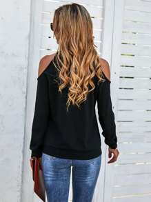 SHEIN LUNE Sudadera unicolor de hombros descubiertos - Negro - Ver 2