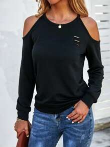 SHEIN LUNE Sudadera unicolor de hombros descubiertos - Negro - Ver 3