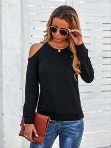 SHEIN LUNE Sudadera unicolor de hombros descubiertos - Negro - Ver 4