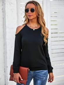 SHEIN LUNE Sudadera unicolor de hombros descubiertos - Negro - Ver 5
