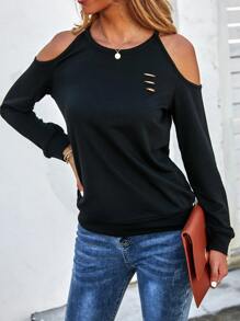 SHEIN LUNE Sudadera unicolor de hombros descubiertos - Negro - Ver 6