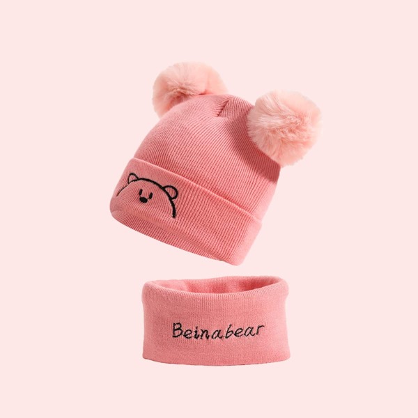 

Toddler Kids Embroidery Beanie & Ring Scarf, Pink