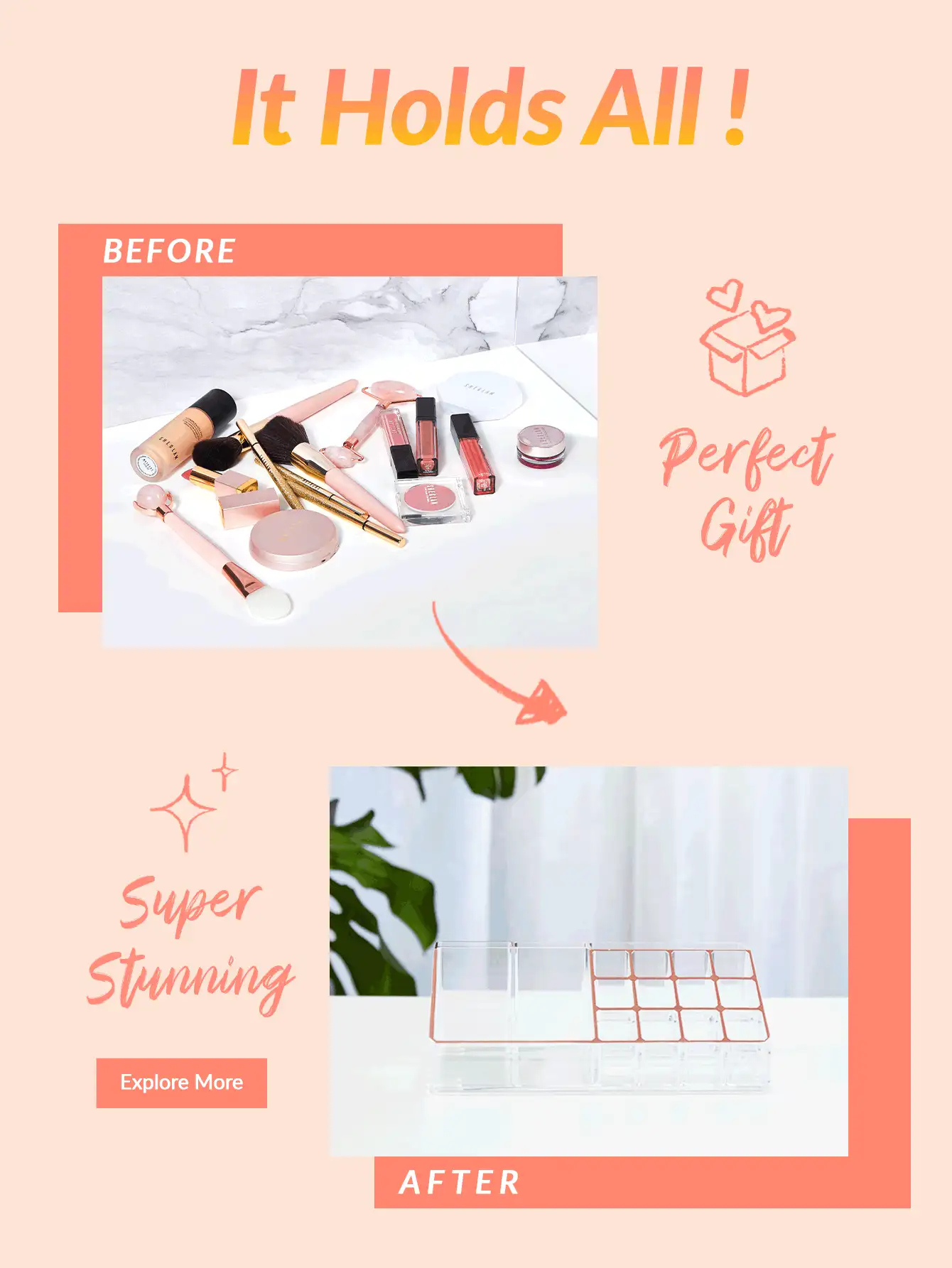 SHEIN Exclusivo Organizador de Maquillaje Multifunción BASIC LIVING -Con borde de color oro rosa - transparente - Ver 3