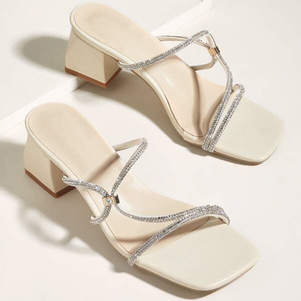 

Rhinestone Decor Chunky Heeled Mules, Beige