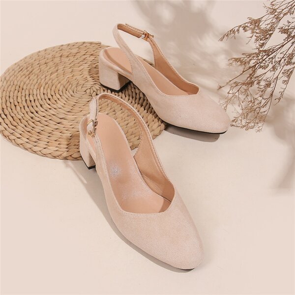 

Suede Chunky Slingback Pumps, Beige