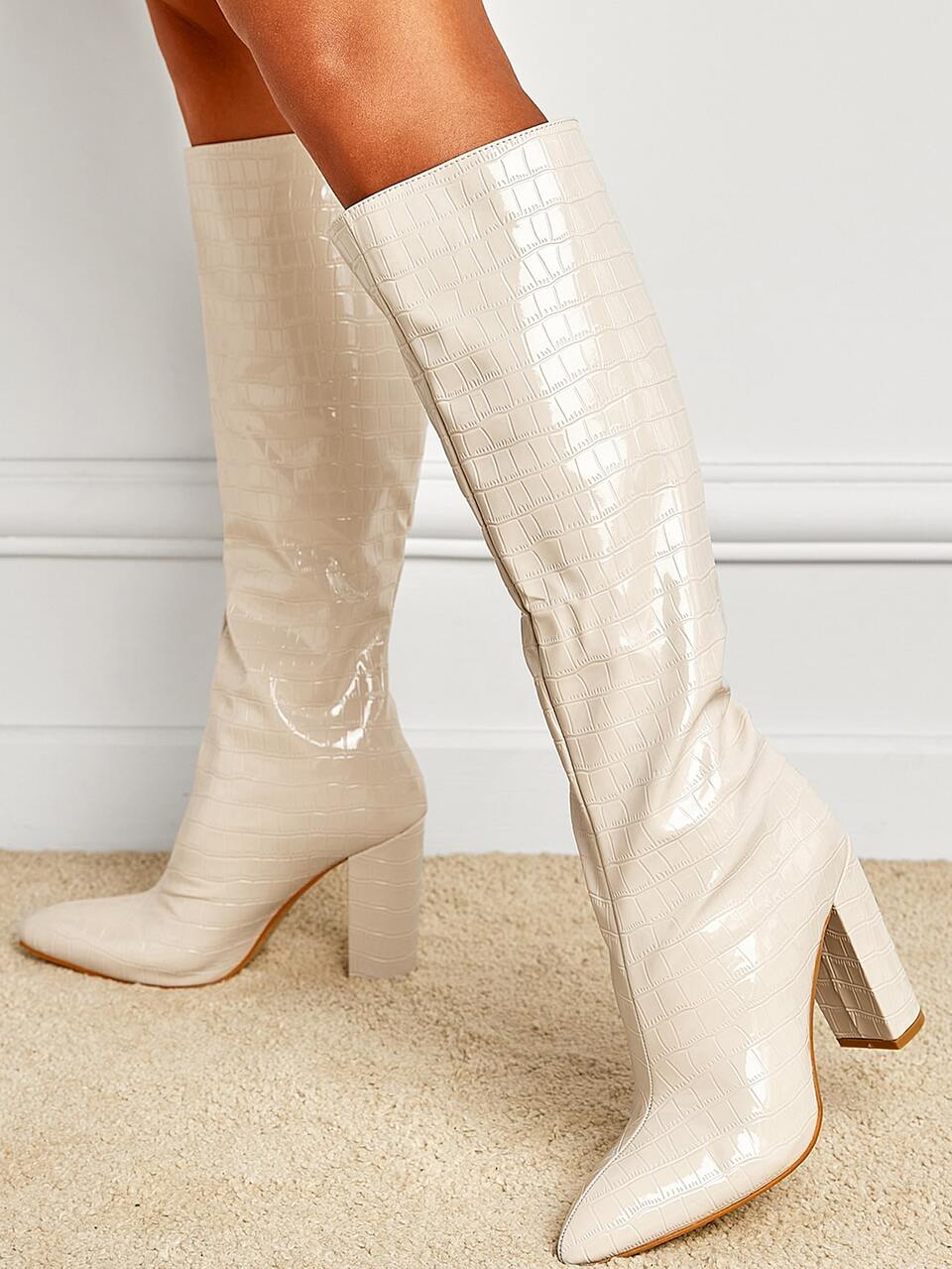 Fashion Match ,Women's Pointed Toe Chunky High Heel Over-The-Knee Boots, Wide Leg Thigh High Boots With Stone Pattern, Autumn & Winter,Party