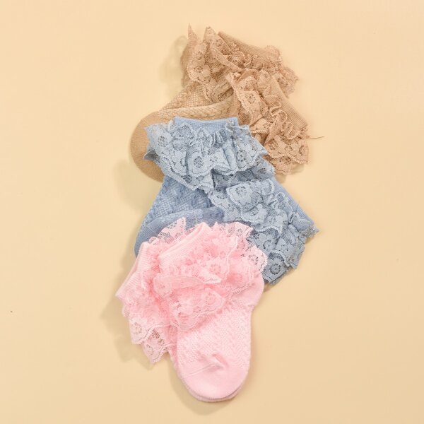 

3pairs Toddler Girls Lace Trim Socks, Multicolor