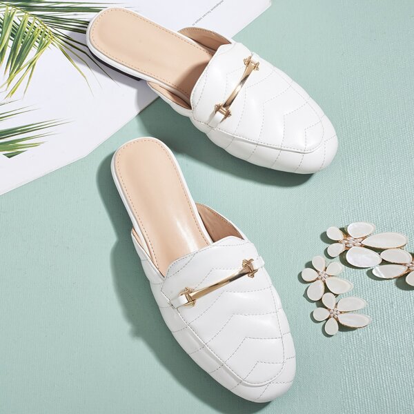 

Minimalist Quilted Metal Decor Flat Mules, White