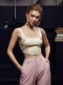 ELEFERSAN Solid Button Detail Tie Back Cami Top - Apricot - View 3