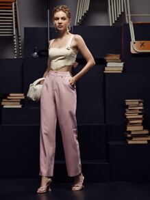 ELEFERSAN Solid Button Detail Tie Back Cami Top - Apricot - View 6