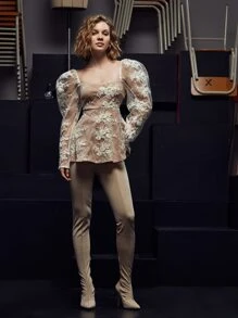 Fatema Nasser Overlay Mesh Flare Hem Blouse - Multicolor - View 4