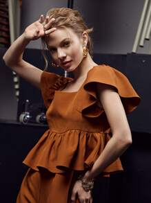 FAYE CHAN Solid Ruffle Trim Tie Back Shirred Blouse - Brown - View 1