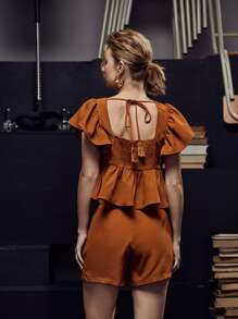 FAYE CHAN Solid Ruffle Trim Tie Back Shirred Blouse - Brown - View 2