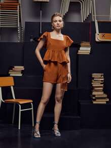 FAYE CHAN Solid Ruffle Trim Tie Back Shirred Blouse - Brown - View 3