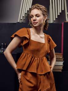 FAYE CHAN Solid Ruffle Trim Tie Back Shirred Blouse - Brown - View 4