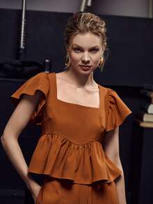 FAYE CHAN Solid Ruffle Trim Tie Back Shirred Blouse - Brown - View 5