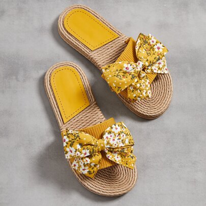 Floral Pattern Bow Decor Espadrille Slides