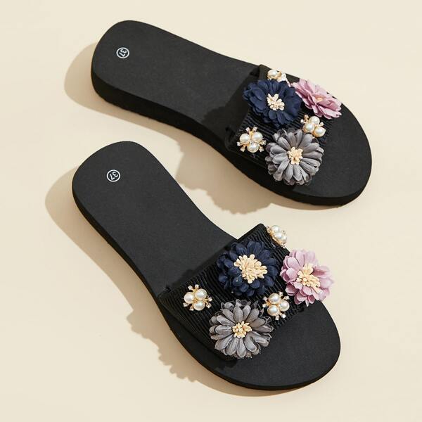 

Floral Appliques Faux Pearl Decor Slides, Multicolor