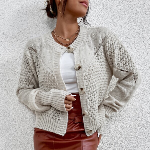 

Pointelle Knit Button Placket Cardigan, Beige
